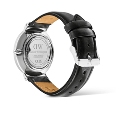 Classic Multi-Eye Sheffield Off-white Sunray Silver men’s watch showing the stainless steel case back, genuine black leather strap with stitched detail, and polished pin buckle, highlighting the quality craftsmanship and interchangeable strap design.