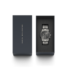 Iconic Chronograph Link Graphite men's watch presented in a Daniel Wellington gift box, featuring a graphite stainless steel bracelet and sleek grey dial, ideal for gifting on special occasions.