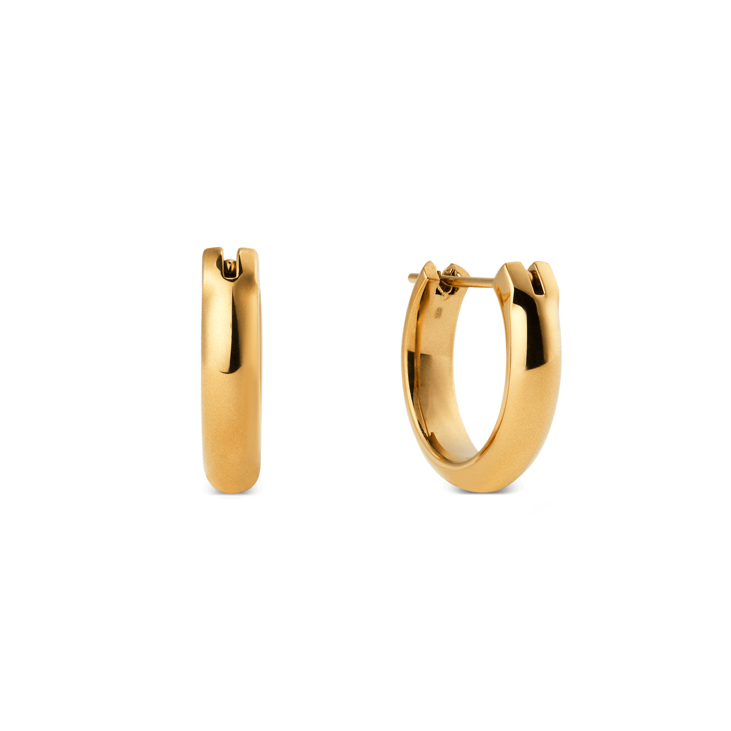 A pair of Arch Earring Gold 12mm hoop earrings with a polished gold finish, featuring a minimalist rounded design and secure pin closure, crafted from stainless steel and shown against a plain background.