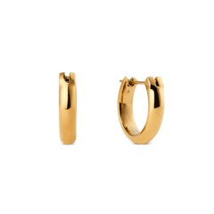 A pair of Arch Earring Gold 12mm hoop earrings with a polished gold finish, featuring a minimalist rounded design and secure pin closure, crafted from stainless steel and shown against a plain background.