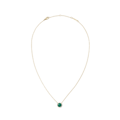 Gold necklace with a fine adjustable chain, featuring a round green malachite pendant framed in gold and accented by a halo of white cubic zirconia crystals.