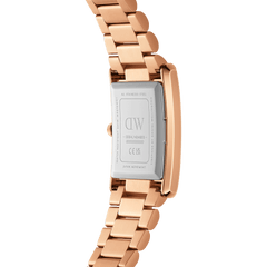 Back view of the Bound 3-Link Rose Gold watch showing the stainless steel case, engraved details, and polished rose gold 3-link bracelet, highlighting its durable construction and quality finish.