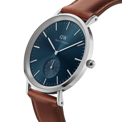 Classic Multi-Eye St Mawes Arctic Silver men's watch featuring a round silver case, deep blue dial with minimalist markers, multi-eye chronograph, and a brown genuine leather strap.