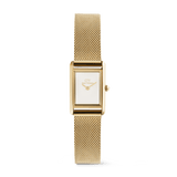 Petite rectangular gold watch with a white minimalist dial, polished gold case, and a slim gold mesh strap, designed for a refined and versatile look suitable for both formal and casual wear.