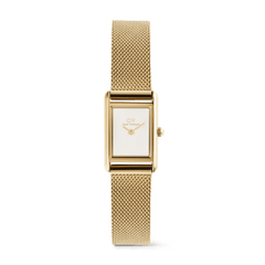 Petite rectangular gold watch with a white minimalist dial, polished gold case, and a slim gold mesh strap, designed for a refined and versatile look suitable for both formal and casual wear.