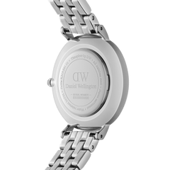 Back view of the Petite Roman Numerals 5-Link Silver watch, showing the engraved stainless steel case and polished five-link bracelet, highlighting the durable construction and attention to detail.