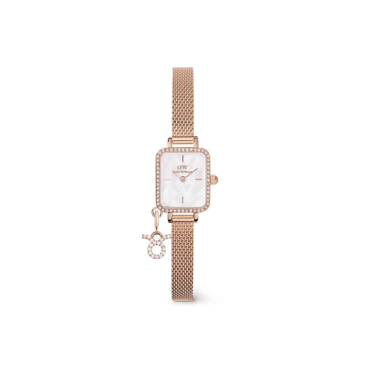 Rose gold ladies watch with a rectangular crystal-framed case, white mother of pearl dial, and an interchangeable crystal zodiac charm on an adjustable mesh strap.