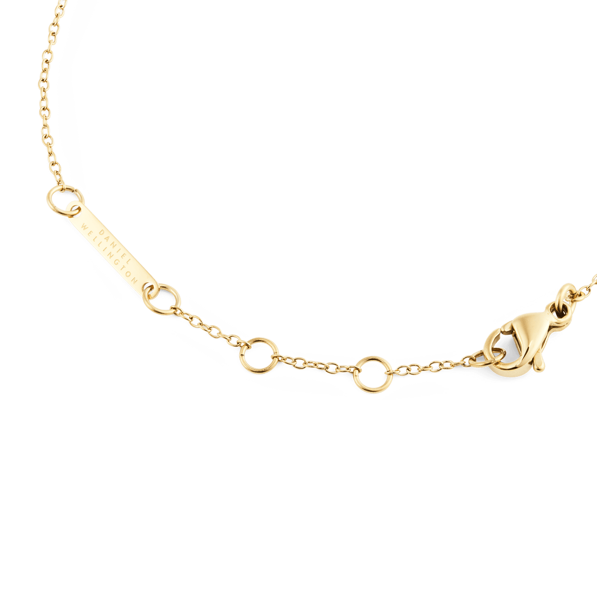 Detail of the Mirelle Solitaire Bracelet Gold showing the adjustable gold chain, secure clasp, and Daniel Wellington branded plate for a polished, elegant finish.