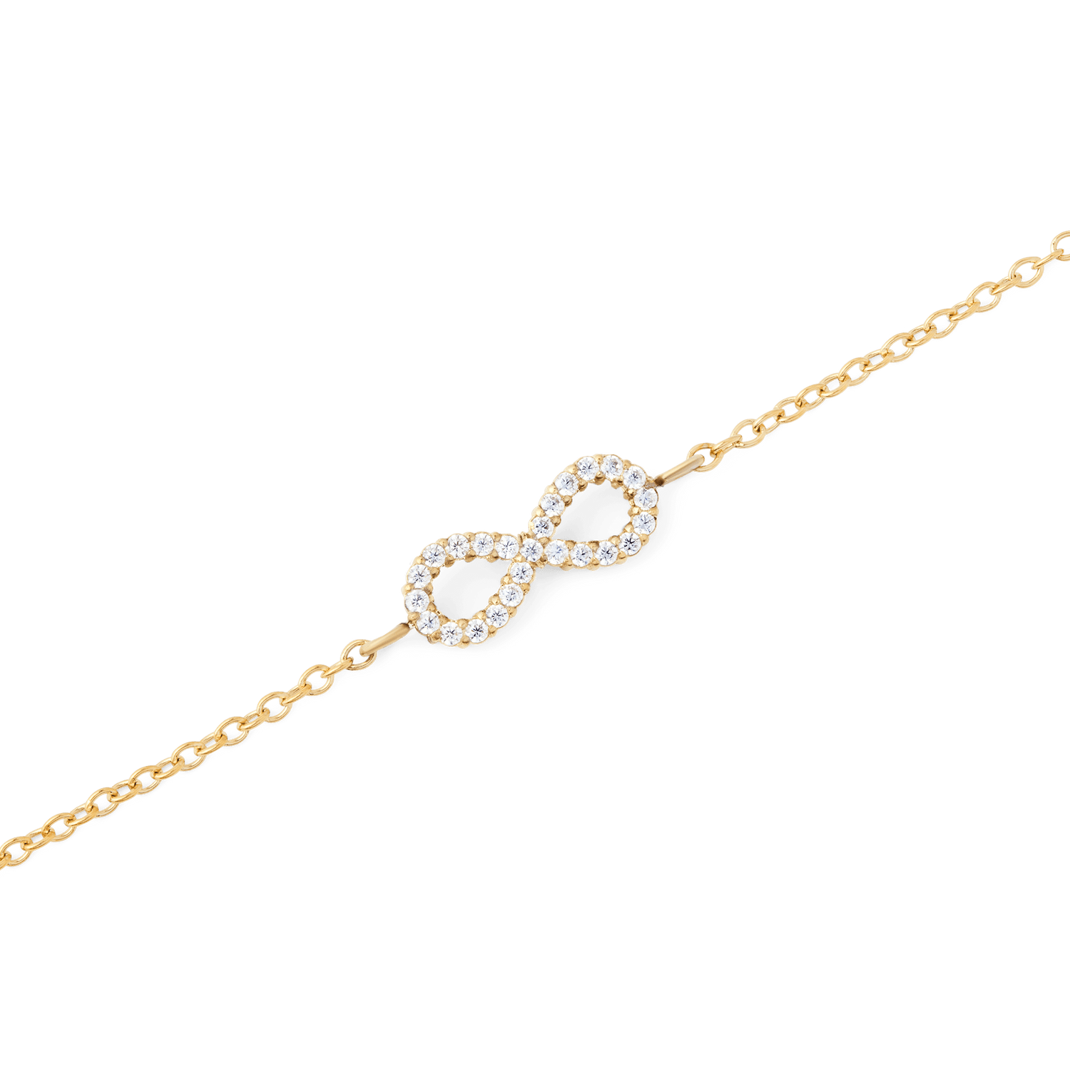 Close-up of the Mirelle Infinity Bracelet Gold showing a fine gold chain with a sparkling infinity symbol set with white cubic zirconia crystals, highlighting its elegant and minimalist design.