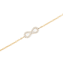 Close-up of the Mirelle Infinity Bracelet Gold showing a fine gold chain with a sparkling infinity symbol set with white cubic zirconia crystals, highlighting its elegant and minimalist design.