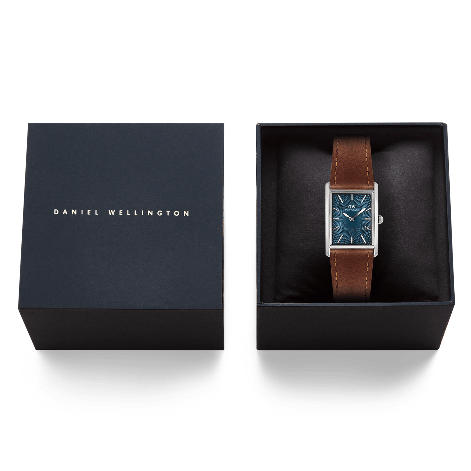 Daniel Wellington Bound Light Brown Arctic Guilloché Silver men’s watch with a rectangular silver case, blue guilloché dial, and brown leather strap, presented in an elegant branded gift box.