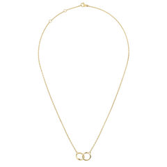 Classic Lumine Unity Gold necklace with an adjustable gold chain and two interlocking rings as a pendant, shown in a full-length view highlighting the clasp and extension links.