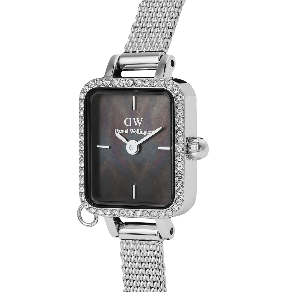 Close-up of the Quadro Mini Crystal Zodiac Sterling Set showing the rectangular case with crystal detailing, black mother of pearl dial, and a polished silver mesh strap.