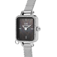 Close-up of the Quadro Mini Crystal Zodiac Sterling Set showing the rectangular case with crystal detailing, black mother of pearl dial, and a polished silver mesh strap.