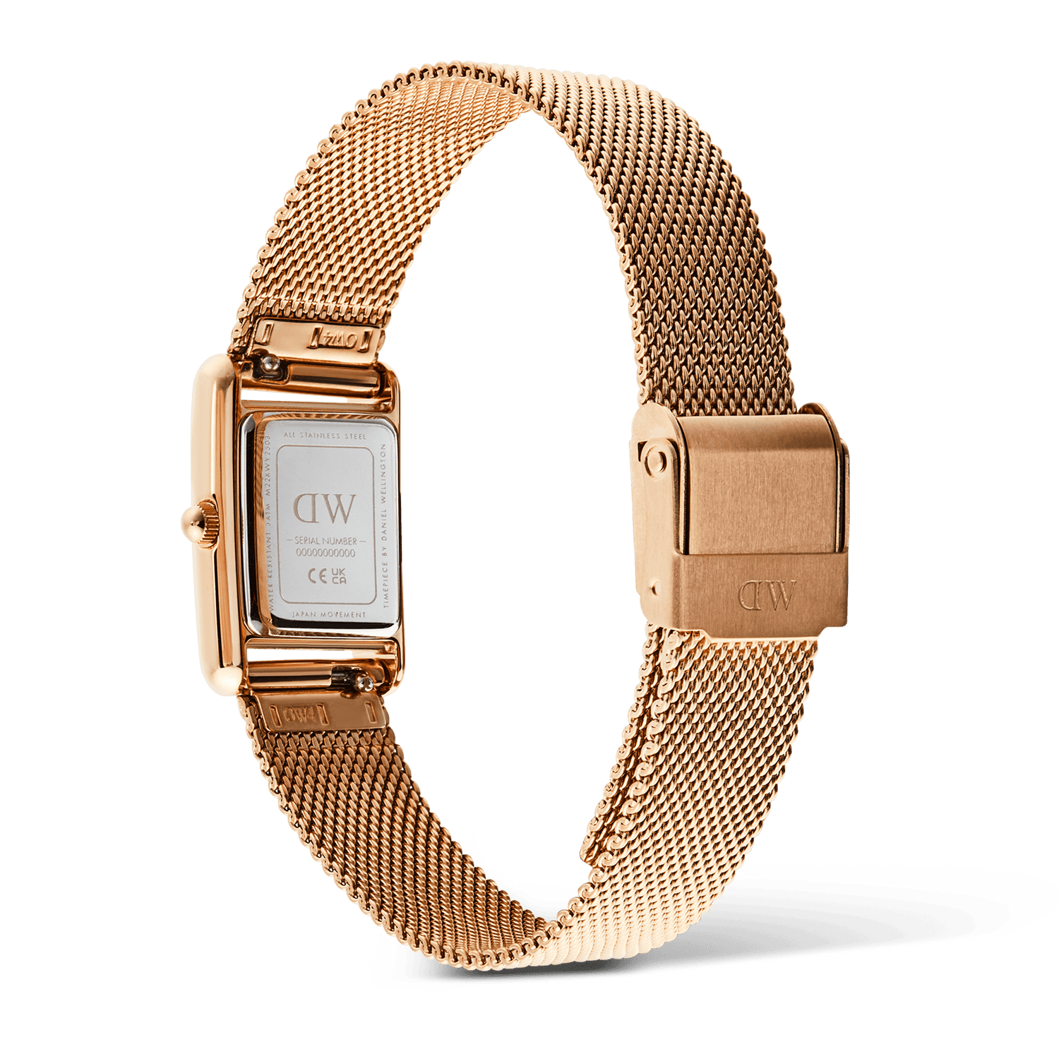 Back view of the Bound Mini Melrose rose gold watch, highlighting the stainless steel mesh strap, fold-over clasp, and the engraved case back details.