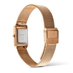 Back view of the Bound Mini Melrose rose gold watch, highlighting the stainless steel mesh strap, fold-over clasp, and the engraved case back details.
