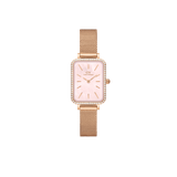 Rose gold Quadro Lumine Bezel Melrose Pink MOP watch for women featuring a rectangular case, pink mother of pearl dial, gemstone bezel, and a slim mesh strap.