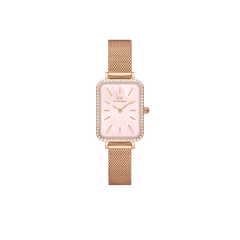 Rose gold Quadro Lumine Bezel Melrose Pink MOP watch for women featuring a rectangular case, pink mother of pearl dial, gemstone bezel, and a slim mesh strap.