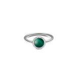 Elegant silver ring featuring a domed green malachite centre stone, framed by a halo of sparkling cubic zirconia on a slim polished band.