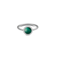 Elegant silver ring featuring a domed green malachite centre stone, framed by a halo of sparkling cubic zirconia on a slim polished band.