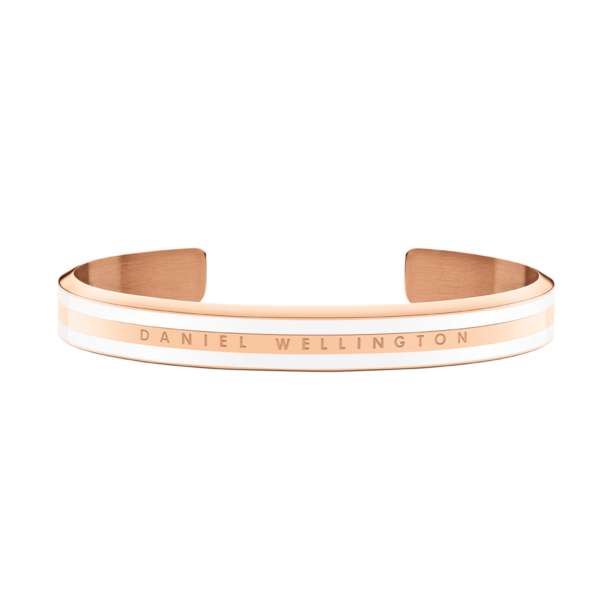 Open cuff Emalie Slim Bracelet Rose Gold with a polished rose gold finish, satin white enamel detailing, and Daniel Wellington logo engraving, designed for a modern minimalist look.