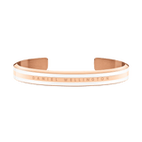 Open cuff Emalie Slim Bracelet Rose Gold with a polished rose gold finish, satin white enamel detailing, and Daniel Wellington logo engraving, designed for a modern minimalist look.