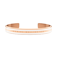 Open cuff Emalie Slim Bracelet Rose Gold with a polished rose gold finish, satin white enamel detailing, and Daniel Wellington logo engraving, designed for a modern minimalist look.