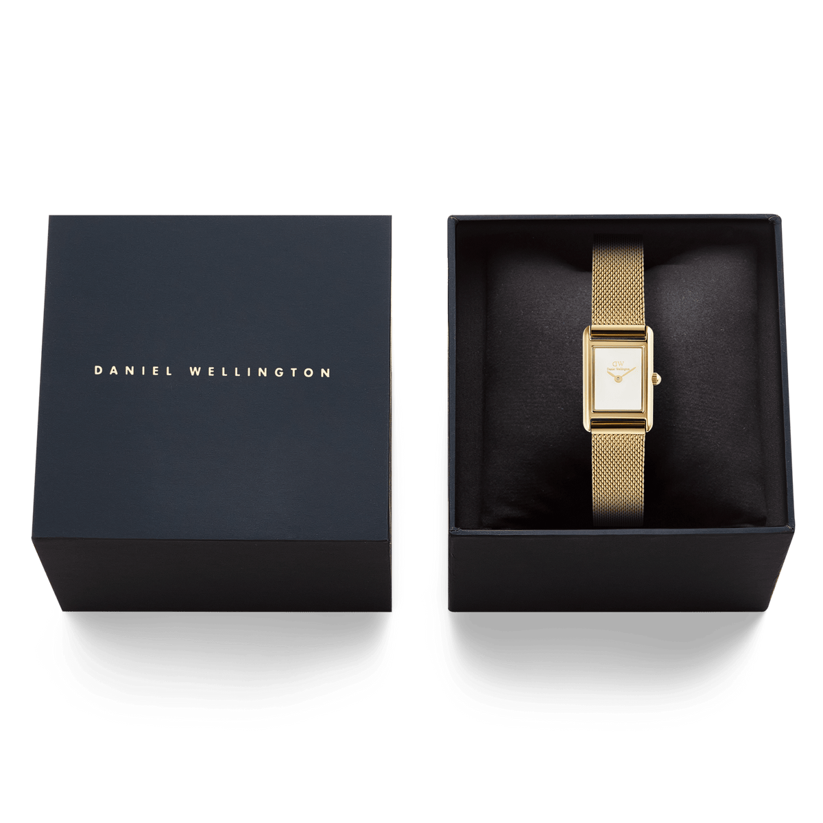 Bound Mini Evergold gold watch with a rectangular white dial and gold mesh strap, elegantly presented in a black Daniel Wellington gift box, ideal for gifting or special occasions.