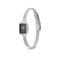 Quadro Mini Crystal Zodiac Sterling Set featuring a rectangular silver case with crystal accents, black mother of pearl dial, and an adjustable silver mesh strap, shown without the zodiac charm.