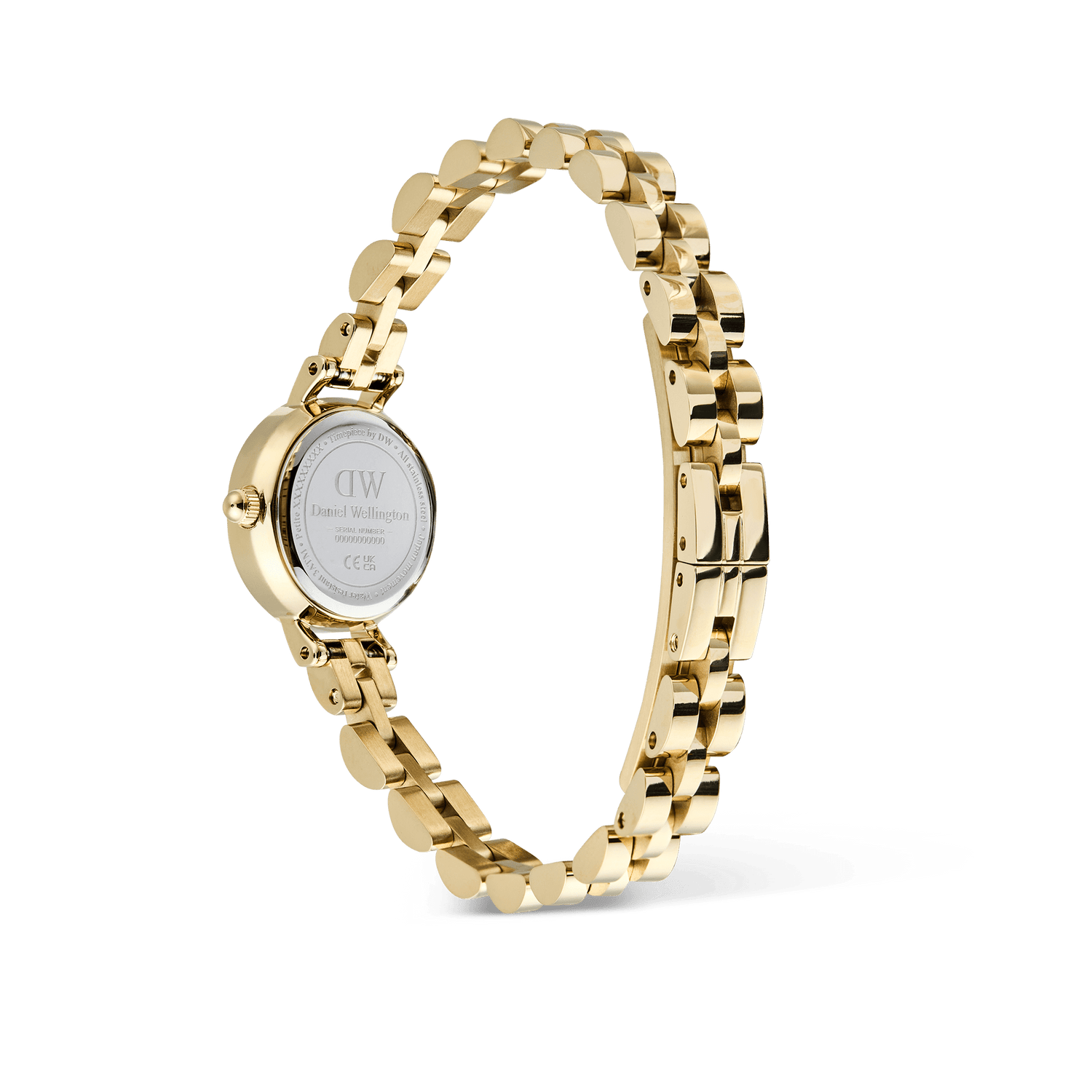 Rear view of the Petite Mini Arch 3-link White Gold watch, showing the polished gold stainless steel bracelet, buttonless butterfly clasp, and engraved case back for a seamless, elegant finish.