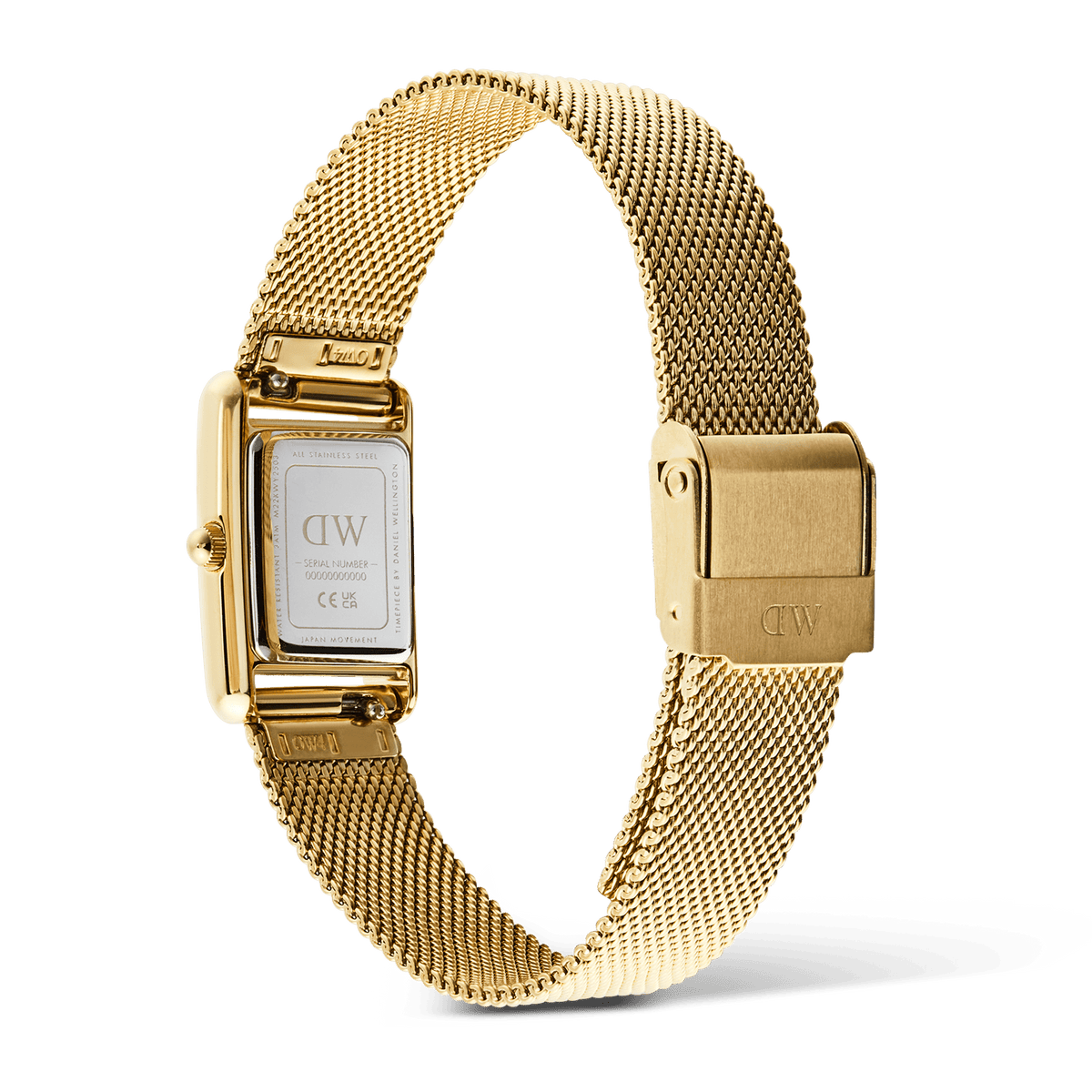 Rear view of the Bound Mini Evergold gold watch, highlighting the stainless steel case back, engraved clasp, and fine gold mesh strap with a secure fold-over fastening.