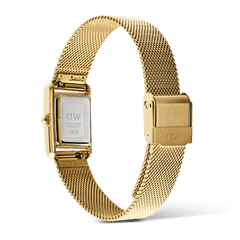 Rear view of the Bound Mini Evergold gold watch, highlighting the stainless steel case back, engraved clasp, and fine gold mesh strap with a secure fold-over fastening.