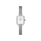 Quadro Mini Sterling ladies watch featuring a petite rectangular silver case, classic white dial, and slim silver mesh strap, designed for comfort and minimalist style.