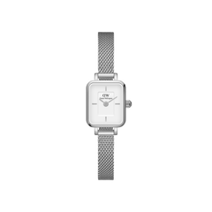 Quadro Mini Sterling ladies watch featuring a petite rectangular silver case, classic white dial, and slim silver mesh strap, designed for comfort and minimalist style.