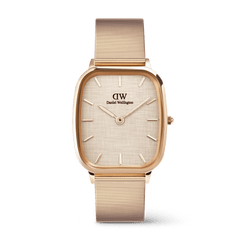 Marlon Wire Linen Rose Gold watch with a rectangular rose gold case, linen-textured soft yellow dial, minimalist hour markers, and a slim adjustable mesh strap.