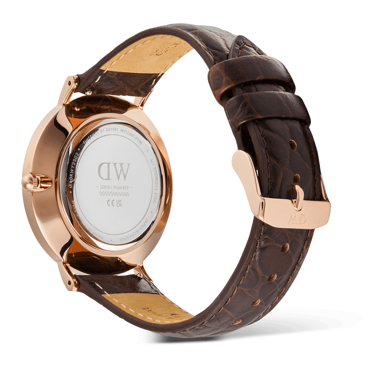 Back view of the Classic Roman Numerals Date Dark Brown Croc Belly Rose Gold men’s watch, highlighting the rose gold case, engraved caseback, and brown croc-embossed leather strap with rose gold pin buckle.