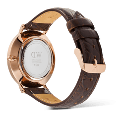 Back view of the Classic Roman Numerals Date Dark Brown Croc Belly Rose Gold men’s watch, highlighting the rose gold case, engraved caseback, and brown croc-embossed leather strap with rose gold pin buckle.