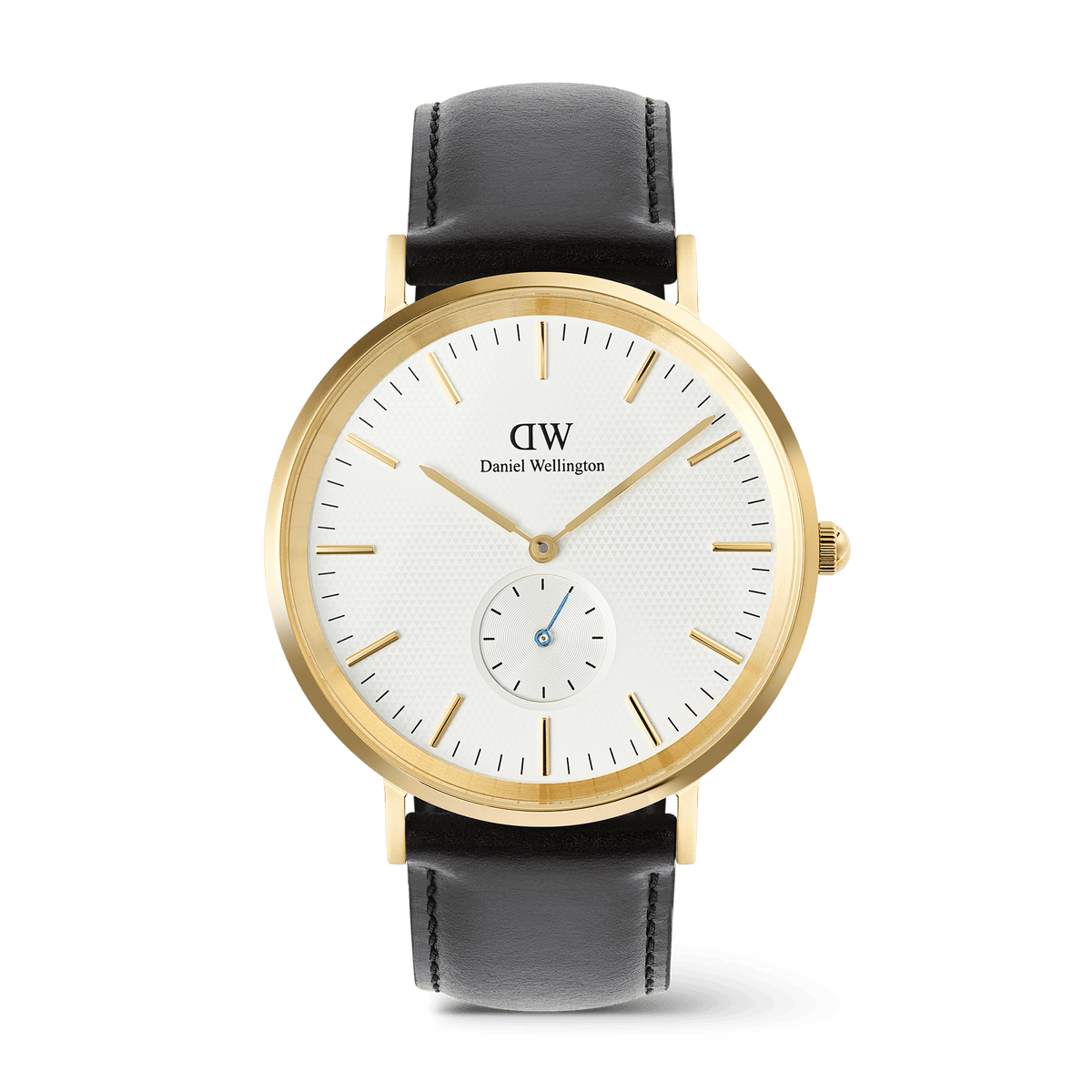 Classic Multi-Eye Sheffield Off-white Sunray Gold men's watch featuring a gold-plated stainless steel case, off-white sunray dial with a subtle triangular pattern, blue-tipped sub-second hand, and a black genuine leather strap.