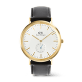 Classic Multi-Eye Sheffield Off-white Sunray Gold men's watch featuring a gold-plated stainless steel case, off-white sunray dial with a subtle triangular pattern, blue-tipped sub-second hand, and a black genuine leather strap.