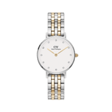 Petite Lumine 5-link two-tone ladies watch with a round eggshell white dial, crystal hour markers, and a polished silver and gold stainless steel bracelet, designed for versatile everyday wear.