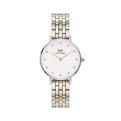 Petite Lumine 5-link two-tone ladies watch with a round eggshell white dial, crystal hour markers, and a polished silver and gold stainless steel bracelet, designed for versatile everyday wear.