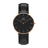 Classic Sheffield Black Rose Gold men’s watch with a black dial, slim rose gold case, minimalist markers, and a genuine black leather strap, shown against a plain background.