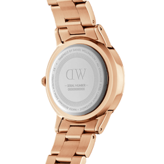 Back view of the Iconic Link Rose Gold watch showing the engraved stainless steel case back, rose gold three-link bracelet, and secure clasp, highlighting its quality craftsmanship and water resistance.