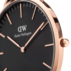 Close-up of the Classic Dover Black Rose Gold watch, highlighting the rose gold case, minimalist black dial, and slim hands for a refined, modern look.