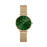 Gold mesh strap women’s watch with a deep emerald green sunray dial, minimalist gold hour markers, and a slim, adjustable band for a refined, modern look.
