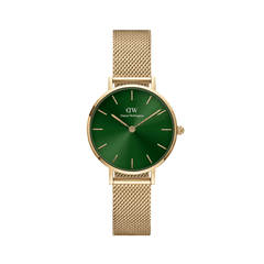 Gold mesh strap women’s watch with a deep emerald green sunray dial, minimalist gold hour markers, and a slim, adjustable band for a refined, modern look.