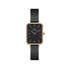 Quadro Pressed Ashfield features a petite rectangular rose gold case, black dial, and slim black mesh strap, offering a minimalist and elegant ladies watch suitable for small wrists.