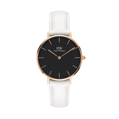 Petite Bondi Black Rose Gold ladies watch featuring a slim rose gold case, minimalist black dial, and an adjustable white leather strap, designed for a comfortable and elegant everyday look.