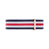 Canterbury Strap Rose Gold NATO watch strap with navy, white, and red stripes, featuring a rose gold buckle and durable polyester fabric suitable for various wrist sizes.