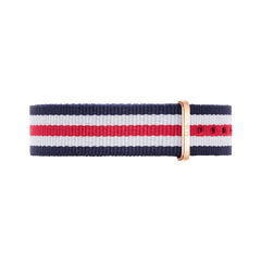 Canterbury Strap Rose Gold NATO watch strap with navy, white, and red stripes, featuring a rose gold buckle and durable polyester fabric suitable for various wrist sizes.